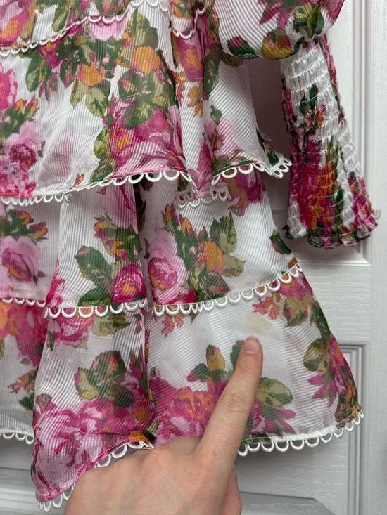 Keepsake Oblivion Tiered Mini Dress Size XS White Pink Floral - Picture 13 of 15